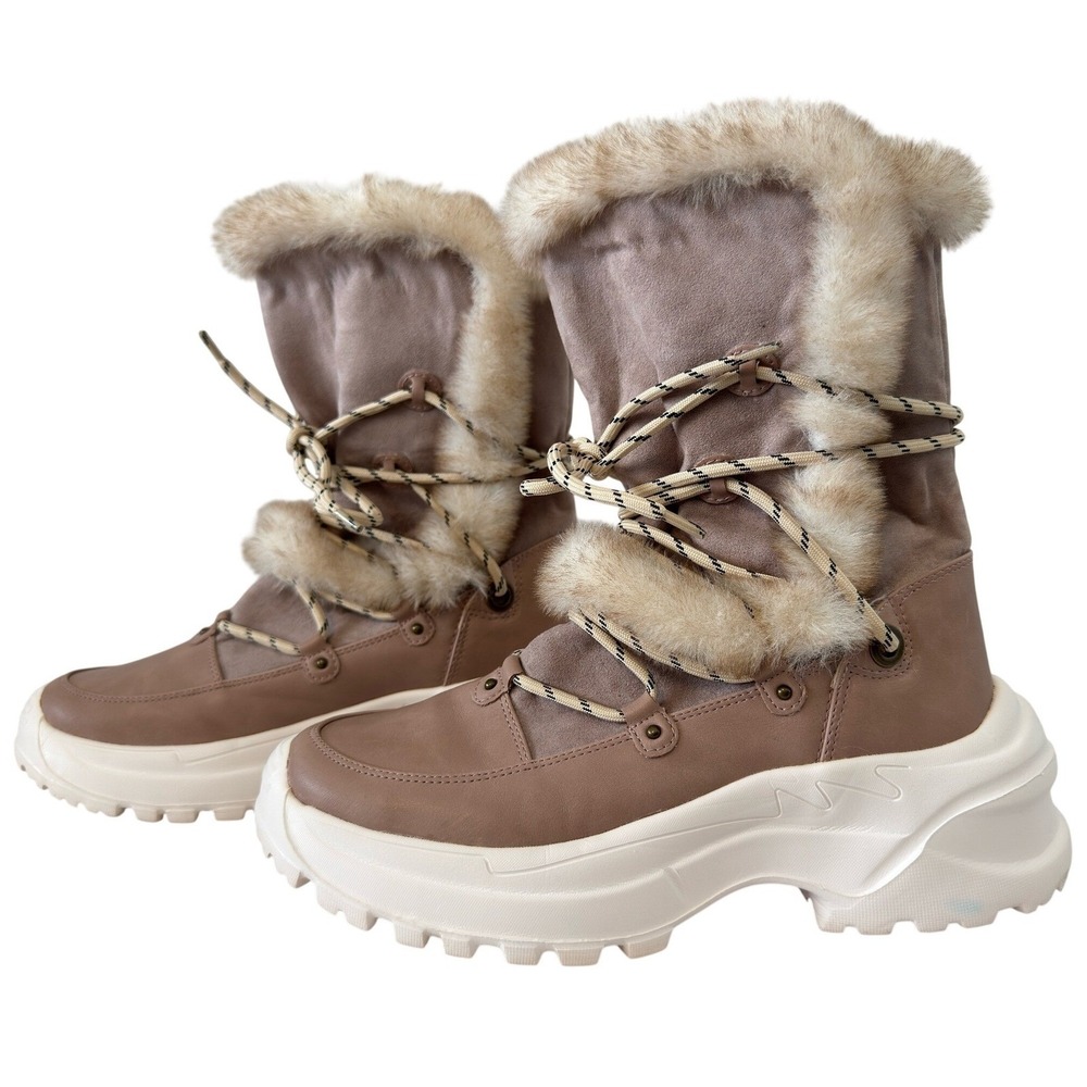 Journee Collection Women Mauve Taupe Faux Fur Trim Lace Up Platform Winter Boots - Picture 1 of 11